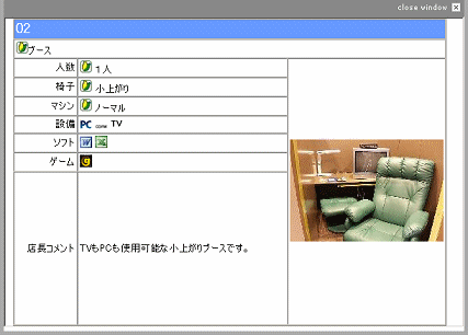 座席詳細表示小窓画面